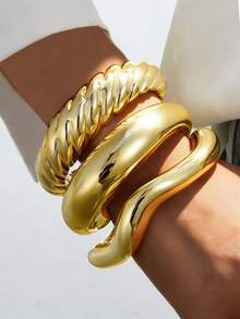 3 Peças Conjunto de Pulseiras Bangle Elegantes e da Moda com Design Geométrico Assimétrico Vintage Exagerado, Onda Torcida Quadrada Oblíqua Texturizada Curva Larga, Acessórios de Pulso Minimalistas Únicos e Grossos, Adequados para Homens e Mulheres, Férias, Festa, Presente, Uso Diário, Joias Versáteis - Ouro amarelo - Visão 2