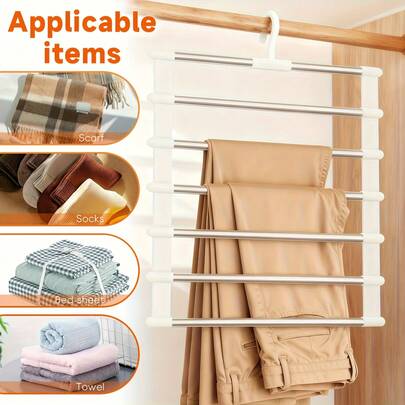 这款六层不锈钢折叠裤架采用超节省空间设计，坚固耐用，外观优雅，是高效整理衣橱的理想之选；其稳固耐用的结构可轻松收纳牛仔裤、打底裤和休闲裤，方便取用和快速折叠；适用于家庭衣橱、零售店和购物中心；是季节性促销、情人节礼物、母亲节准备、春节购物的理想展示方案，并可快速、整洁地完成布置。