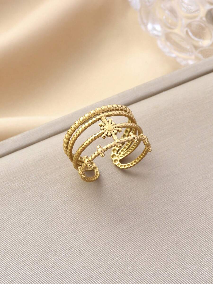 18K镀金不锈钢可调节太阳图案戒指，适合日常佩戴 - 金黃色 - 查看 1