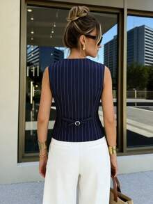 Navy Blue Vertical Striped Sleeveless Fitted Vest For Women, Chic Commuter Style Slim Fit Waistcoat - Navy Blue - View 2