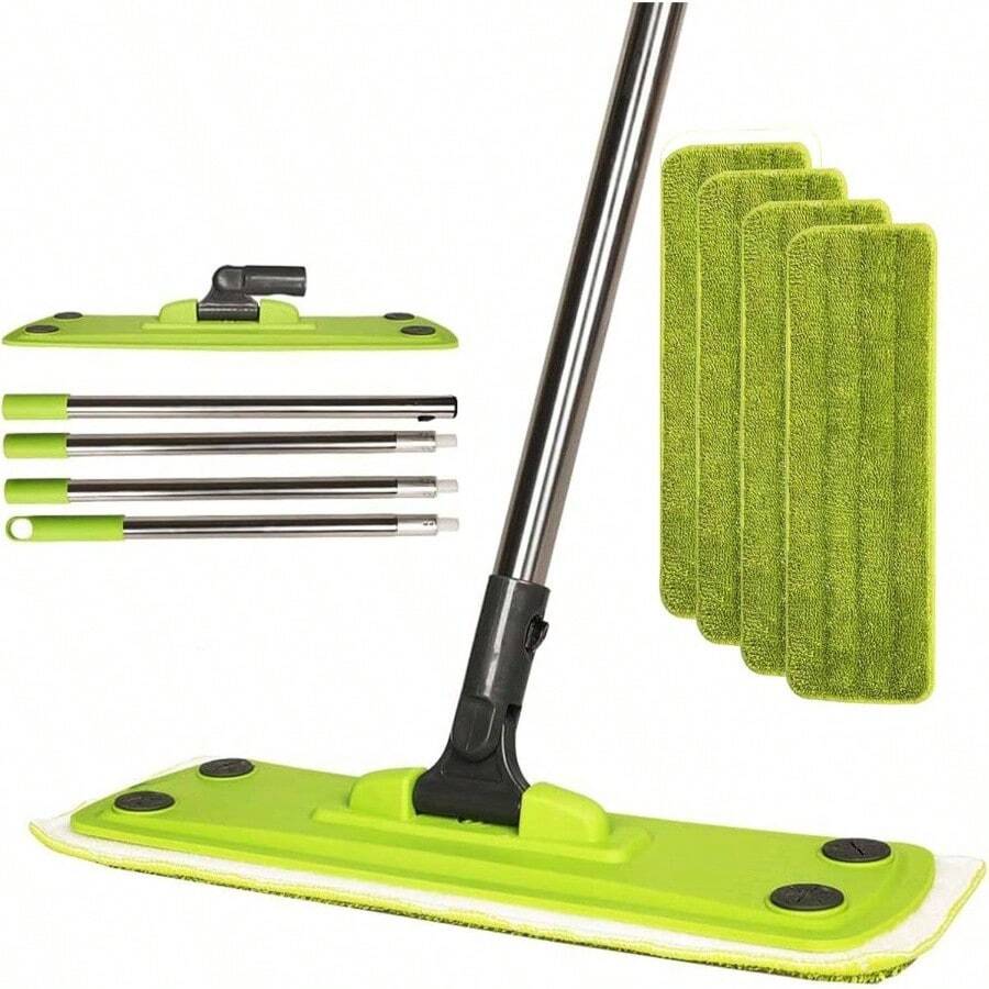 Trapeador Microfibra, Mopa para Limpieza de Suelo, 360 Trapeador Giratorio, con 4 Paos de Microfibra, Adecuado para Suelos de Madera, Suelos Laminados y Baldosas - Verde - Ver 1
