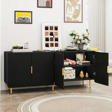 65" Fluted Buffet Cabinet Sideboard With Storage, Large Credenza With 4 Doors, Black Mid Century Modern Sideboard For Kitchen And Entryway, Wood TV Stand Table For Living Room - 黑色 - 查看 4