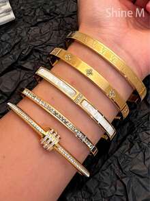 Set de 5 piezas de pulsera de acero inoxidable con números romanos personalizados, flores y diseño giratorio para alivio del estrés para hombres, diseño único, versátil y de moda, con múltiples elementos, un regalo exquisito e ideal, accesorio resistente y elegante - Dorado - Ver 2