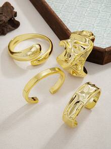 4pcs Fashionable Geometric Pleated Wide Acrylic Bangle Bracelets Set, Versatile Daily Wear For Women - Gold - View 2