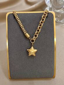 1Pc Shiny Gold Mixed-Chain Bracelet With 3D Star Charm - Textured Braid & Link Accents, Must-Have Jewelry For Fashionable Vibes,Unisex, Valentine's Day Gift - Multicolor - View 7