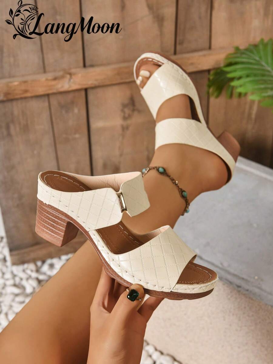 LangMoon 2026 Beige Rhombus Pattern Chunky Heel Slides, Textured Rhombus Upper + Stabilizing Chunky Heel, Visually Elongating Without Foot Fatigue, Non-Slip & Durable Outsole For Comfortable Long-Wear, Classic & Versatile For Commuting, Dating, And Strolling, Elegant Spring/Summer Footwear