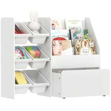 Toy Shelf, Children's Room Shelf With 6 Containers, Book Shelf, Rolling Box, 100 X 30 X 80 Cm, MDF, Steel, White