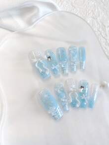 10PCS Medium-Long Coffin Press On Nails - Handmade Light Blue French Ombre Glitter Nails | Kawaii 3D Bow/Star/Rhinestone Embellished Fake Nails With Baby Blue Gradient Blending | Press-Ons Kit: 1 Sheet Jelly Glue + Mini Nail File | Reusable Shimmery False Nails For Women (Cute Aesthetic Medium-Long Coffin Shape) - Follow Your Heart - View 9