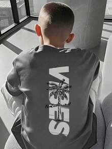 Young Boy Letter & Palm Tree Graphic Print Casual Round Neck Short Sleeve T-Shirt - Dark Grey - View 1