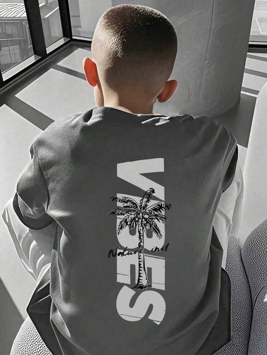 Young Boy Letter & Palm Tree Graphic Print Casual Round Neck Short Sleeve T-Shirt - Dark Grey - View 1