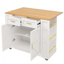 Isla de cocina moderna, mueble de cocina, aparador, carrito de comedor con vetas de madera, mueble buffet, mesa de comedor multifuncional con espacio de almacenamiento, carrito de comedor con armarios extensibles, color blanco - Blanco - Ver 8