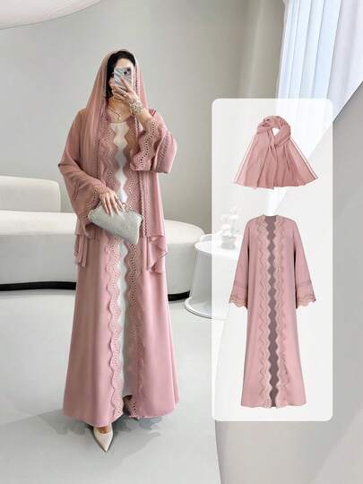 Abayas For Women,Open Abaya Set With Lace Trim, Sleeveless Inner Dress & Chiffon Headscarf - Lightweight, Modest & Breathable For Spring/Summer,Elegant Party Dresses For Women