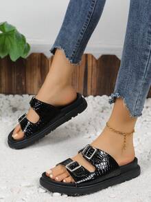 Sandalias de suela gruesa retro de punta cerrada para mujer, cómodas para combinar con vestidos, con cierre de hebilla, pantuflas planas unisex para uso en interiores y exteriores - Negro - Ver 2