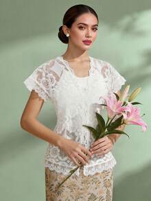 Women's Elegant Floral Print Sleeveless Top With Lace Details, Suitable For Spring And Summer, White Top, Eid Clothes, Eid - White - View 1