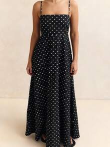 Women's Polka Dot Vest Dress With Open Back And Thin Straps Elegant Long Summer Vacation Dress Flowing Slip Dress - 黑色 - 查看 2
