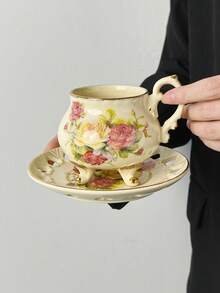 1 Set (1 Cup + 1 Saucer) Nordic Style English Ceramic Rose Coffee Cup & Saucer Set, Hollow Heart Saucer, American Latte Coffee Cup & Saucer, High-End Classical Palace Style Afternoon Tea Cup, Office/Home Tea Cup Set, Breakfast Milk Mug, Valentine's Day/Birthday Gift, Party Supplies, Gift For Boyfriend/Girlfriend - Multicolor - View 3