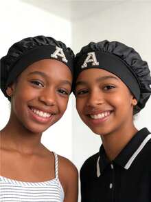 A-Z Letter Pattern Elastic Wide Brim Satin Soft Sleep Cap For Kids - Fit, Hair Protection, Ultra Soft & Breathable Design With Anti-Slip Lining - Black - View 3
