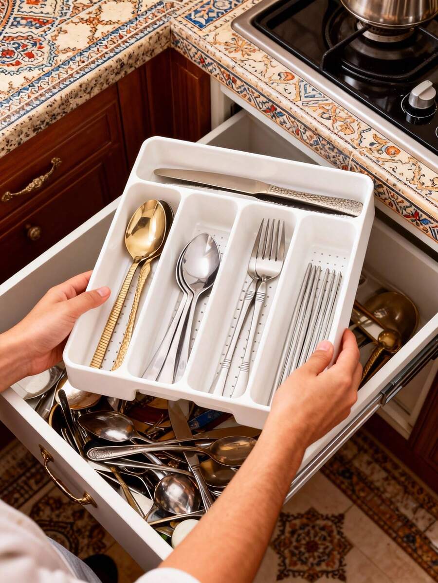 1pc Kitchen Spoon Organizer Rack, Kitchen Utensil Storage Rack, Drawer Flatware Organizer Box, In-Cabinet Cutlery Holder, Kitchen Storage, Drawer Knife Fork Spoon Separator Tray - Multicolor - View 1