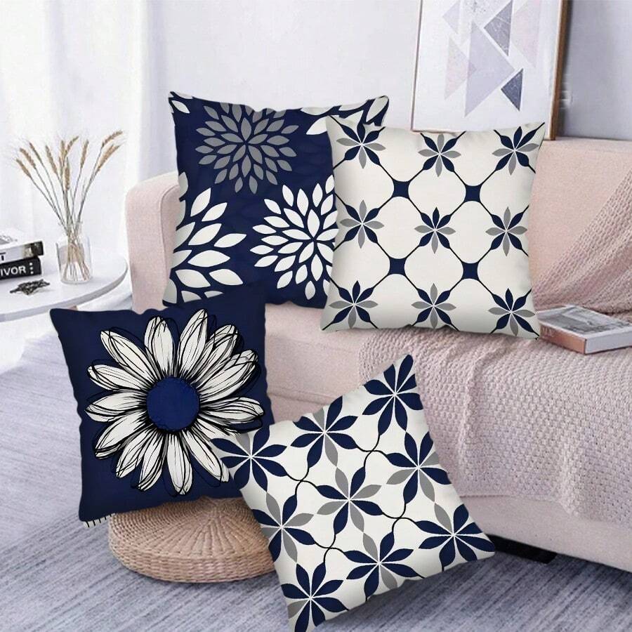 TOPSSCTR Set de 4 fețe de pernă cu imprimeu floral albastru - floarea-soarelui, margarete și flori geometrice pentru decor modern al casei, 45 x 45 cm, huse de pernă pătrate din poliester moale, confortabile, lavabile la mașină, cu închidere cu fermoar, perfecte pentru decorul canapelei în sufragerie, decorul dormitorului, fără miez de pernă - Multicolor - Vizualizare 1