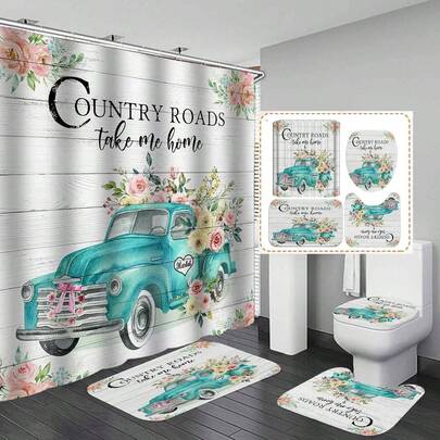 1/4pcs Flower Car Printed Bathroom Set, Waterproof Curtain With 12 Hooks, Non-Slip Bathroom Rug, Toilet U-Shape Mat, Toilet Lid Cover Pad, Decorative Bathroom Partition, Bathroom Accessories