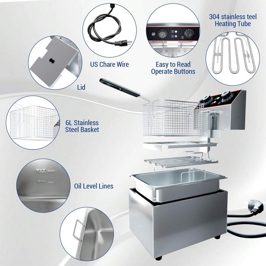 8L Freidora comercial, freidora eléctrica de encimera con cesta, freidora de acero inoxidable desmontable con control de temperatura, fácil de limpiar. - Tipo de Enchufe B USA (110-127V) - Ver 1