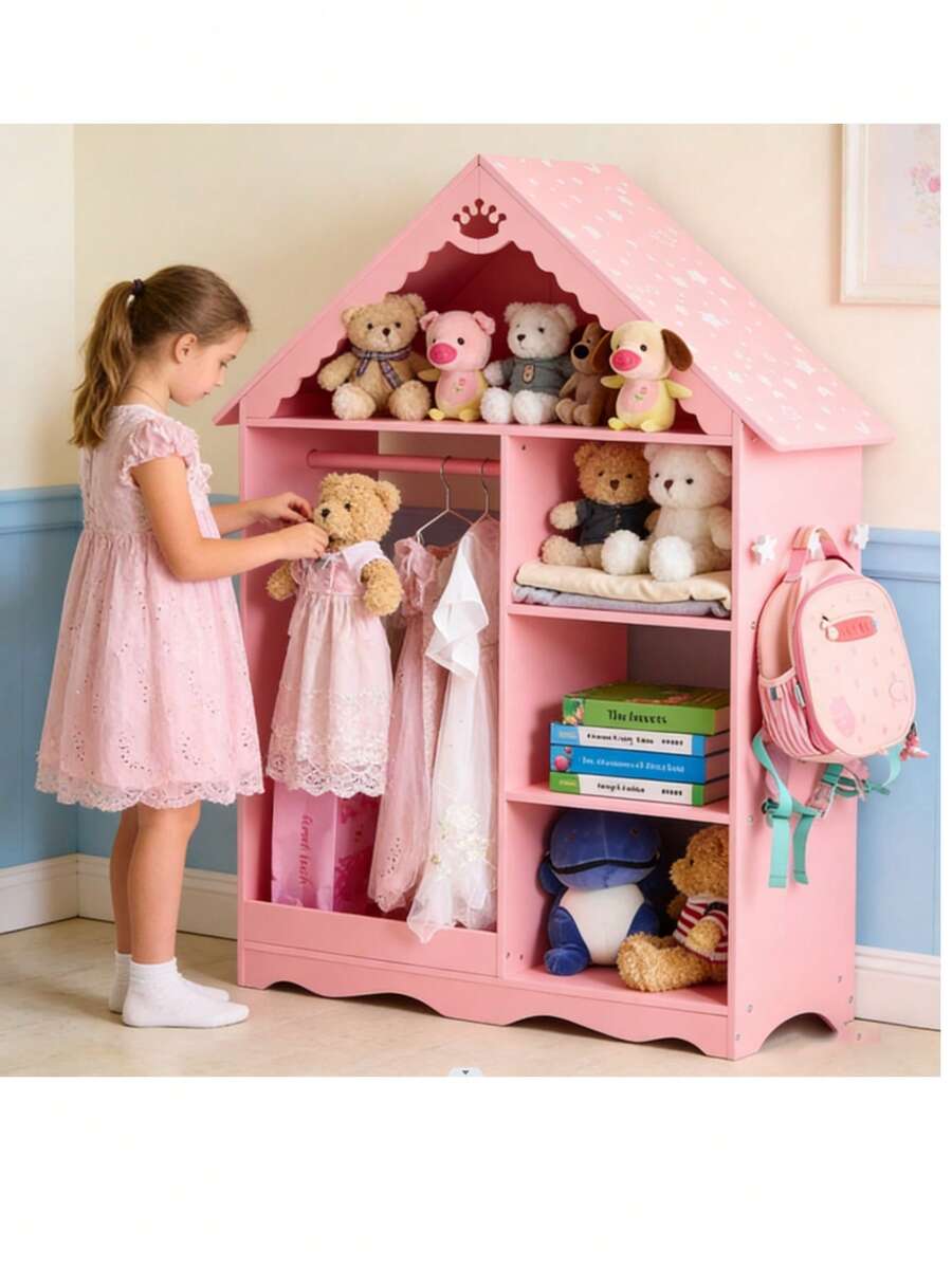 Pink And White Star-Printed MDF, Spray-Painted, 1 Mirror, 3-Tier Shelf, 1 Clothes Rod, Children's Wardrobe - Pink - View 1