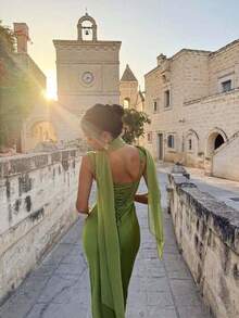 New Fashion Temperament Slim-Fit Solid Color Slim-Fit Dress Including Scarf - 綠色 - 查看 2