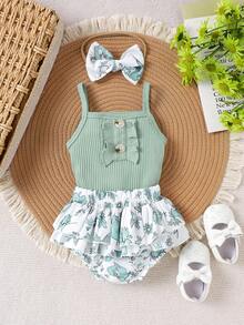 2pcs Newborn Baby Girl Cute & Comfy Strap Ribbed Bodysuit + Shorts Set, Summer - Green - View 1