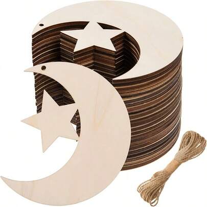 10pcs Wooden Crescent Moon And Star Hanging Ornaments, DIY Crafts For Ramadan Eid Al-Fitr Decor, Indoor & Outdoor Festive Atmosphere Props With Hanging Rope, Manufactured Wood, No Battery Needed