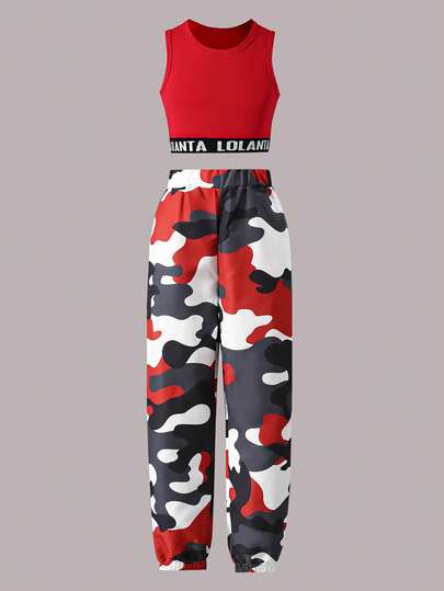 Bộ áo không tay và quần ống rộng in họa tiết có túi dành cho bé gái tuổi teen, trang phục thể thao thường ngày 2 mảnh cho bé 8-15 tuổi, mùa xuân/hè.