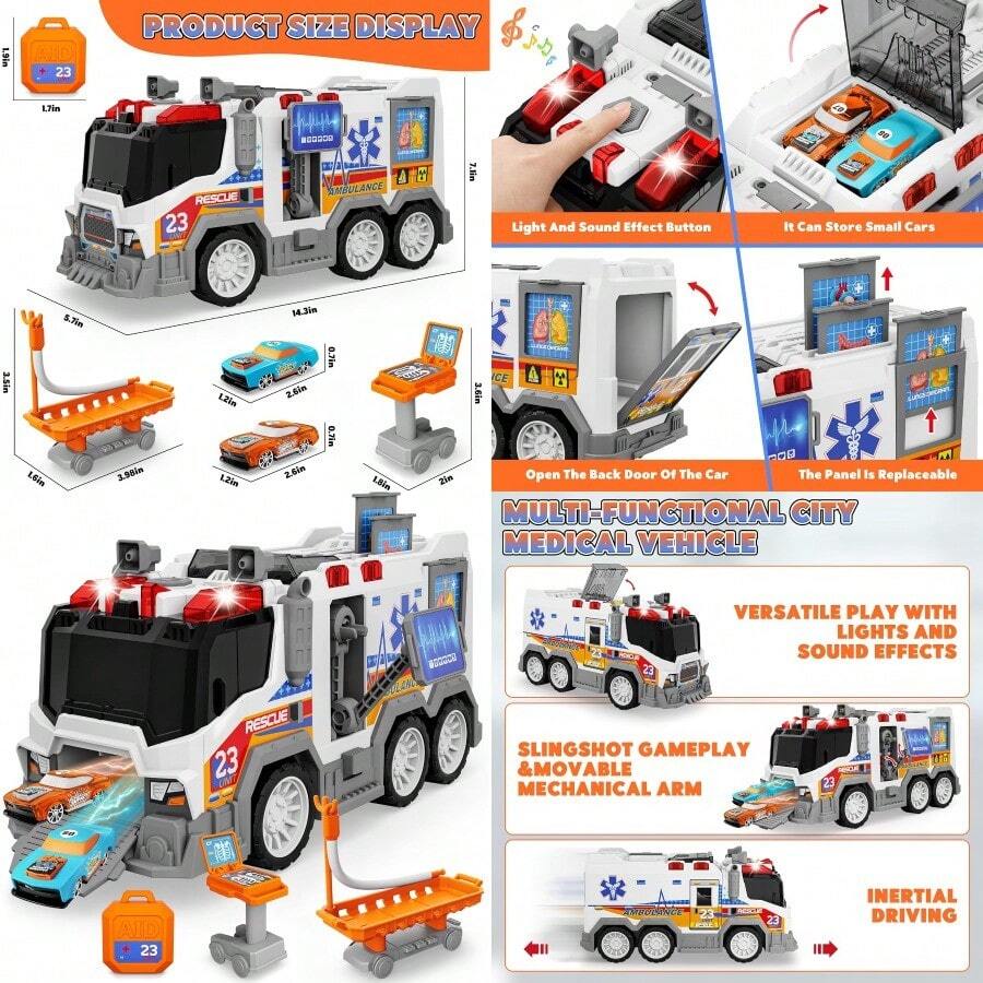 Hony Play Ambulance Toy Vehicle Toddler Truck Toys With Effect Sound Includes CT Equipment Stretcher Trolley 2pcs Ejecting Race Cars Birthday Gifts For 3 4 5 6 7 8 Years Old Boys GirlsNot Only Can It Bring Enjoyment, But It Also Has Educational Value. - Multicolor - View 1