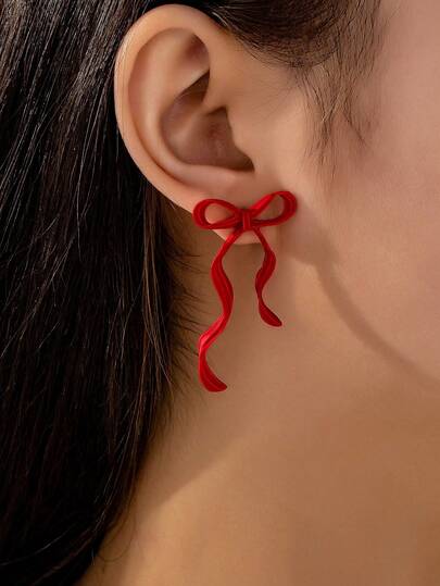 2pcs Red Classic Bow & Golden Teardrop Earrings, Suitable For Dates, Valentine's Day Gifts, And Daily Wear For Women