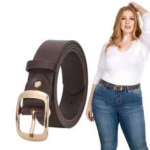 1pc Plus Size Women Shiny Metal Buckle Leather Belt, Suitable For Jeans, Pants, Dresses In Multiple Occasions - Coffee - View 2