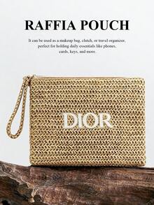 Christian Dior New Embroidered Logo Straw Bag, Size 23.5*17*1cm. Elegant Cosmetic Bag, Minimalist And Fashionable Storage Bag, Convenient Handbag, Also Suitable For Organizing Your Toiletry Bag. - Beige - View 7