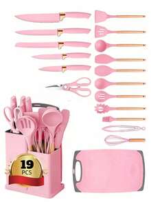 Utensillos Cocina Sets de cuchillos 19 espatulas Brochas De Silicona cuchillos Para Cocina Antiadherente Pastelera Manejar reposteria juego para cocinar con mango de madera Para Cocinar Mezclar y Hornear Herramientas cucharón de sopa, resistente al calor para la cocina del hogar mueble cuchillo cuchara rosa cucharas espatula - Rosa coral - Ver 9