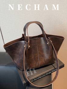 1个新款韩版褶皱单肩包，大容量手提包，轻便奢华复古优雅托特包，多功能腋下包，高端时尚单肩包，购物袋，工作包，小众法式设计 - 咖啡 - 查看 2