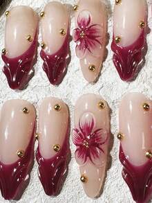 3D Manucure française faite à la main, Nail Art floral 3D, Faux-ongles en forme d'amande longue, Fournitures pour ongles pour femmes - Rose vif - Voir 3