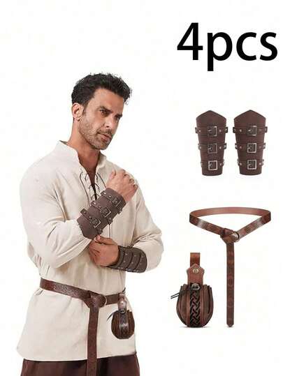 2pcs Vintage Embossed PU Leather Belt - Unisex Belt With O-Ring, Suitable For Medieval Viking Cosplay And Renaissance