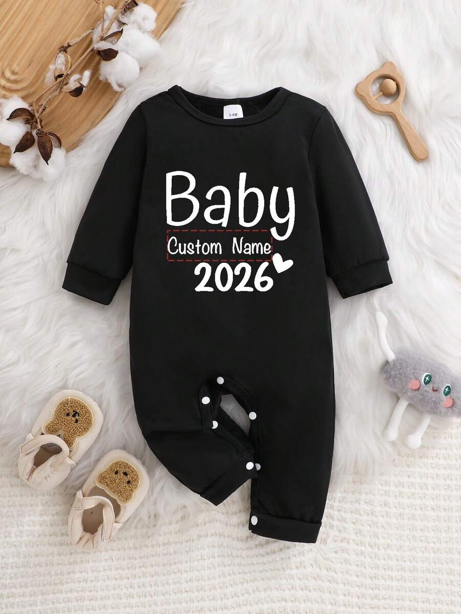 【定制款】2025年个性化姓名印花女婴连体衣,圆领休闲长袖连体裤,适合女婴和女孩穿着 - 非常适合户外活动 - 黑色 - 查看 1