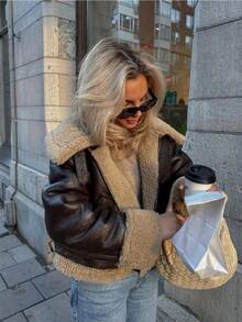 BE 2026 New Short Warm Double-Sided Motorcycle Jacket, Women's Brown Faux Leather Shearling Collar Coat, Fur-Lined PU Leather Jacket - 棕色 - 查看 1