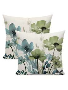 2件套春季花卉抱枕套，鼠尾草绿和蓝色花卉图案，户外乡村夏季花卉装饰抱枕套，农舍风格沙发套，单面设计，不含枕芯 - 藍綠色 - 查看 12