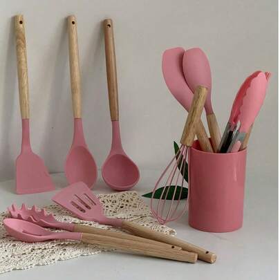 12 piezas Juego de utensilios de cocina de silicona, Juego de accesorios de cocina, Utensilios antiadherentes, Incluye cucharón, espátula, etc., Esencial para apartamento y dormitorio, Regreso a la cocina, Regalo de Navidad