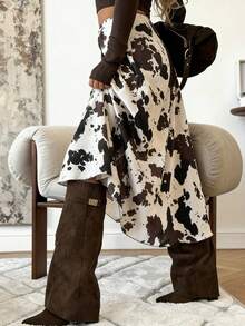 欧美时尚优雅女士动物纹印花棕色奶牛图案半身裙，街头风尚，适合日常通勤和购物，四季皆宜，春夏度假必备单品 - 白色 - 查看 2