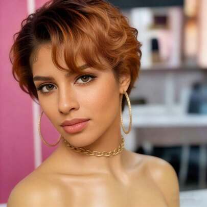 13x4x1 T Part Transparent Lace Hair Wig Daily Party Use Wig 6inch 150% Density 1b30 Black Color Pixie Cut Short Side Part Curly Human Hair Wig