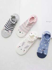 6 pares de calcetines invisibles tipo barco de vamp bajo con estampado de animales de dibujos animados lindos para mujer, colores aleatorios - Multicolor - Ver 7