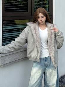 洗水短款美式休闲街头夹棉大衣，可拆卸衣领，男女通用解构风格街头服饰