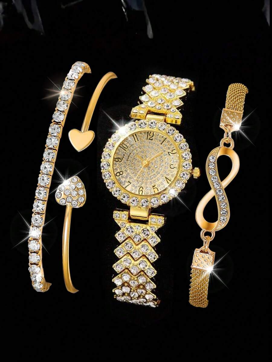 4pcs Fashionable And Luxurious Sparkling Diamond Round Women's Watches, Versatile Steel Strap Quartz Watches, Paired With Heart-Shaped Diamond Bracelets, Suitable For Gatherings, Celebrations, Weddings, Back To School Seasons, And Daily Wear, Making Them The Best Gift For Women.
