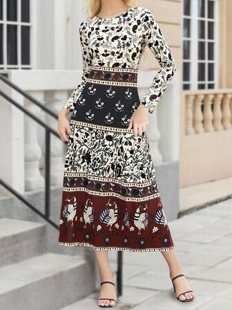 优雅女士印花修身连衣裙，百搭休闲、度假、工作场合皆宜，也适合春夏季节的派对、聚会等各种场合。