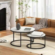 Set Of Two Round Nesting Coffee Tables, Industrial Style, Metal Structure, Black Concrete Look. - Grey - View 2
