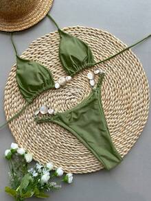 Bikini de 2 piezas de unicolor sexy para mujeres, nuevo para 2026 - Verde Oscuro - Ver 4